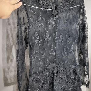 Black lace long sleeve mini dress sheer at top and